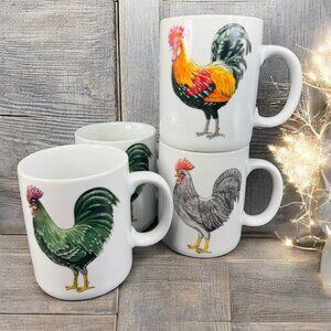 BIA Cordon Bleu White Ceramic Rooster Chicken Coffee Mug Farmhouse Set 4 Mugs